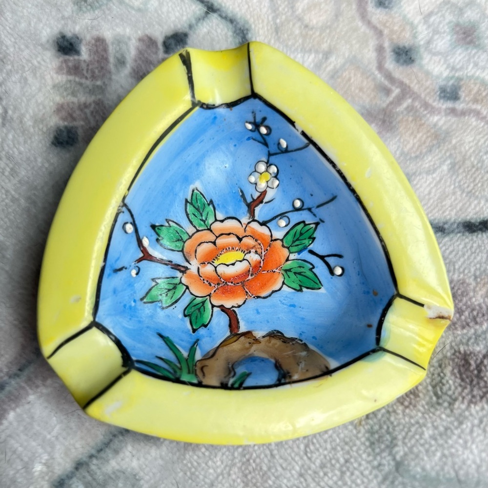 Vintage Hand Painted Floral Ashtray Made in Japan 3” Trinket Dish Yellow Blue